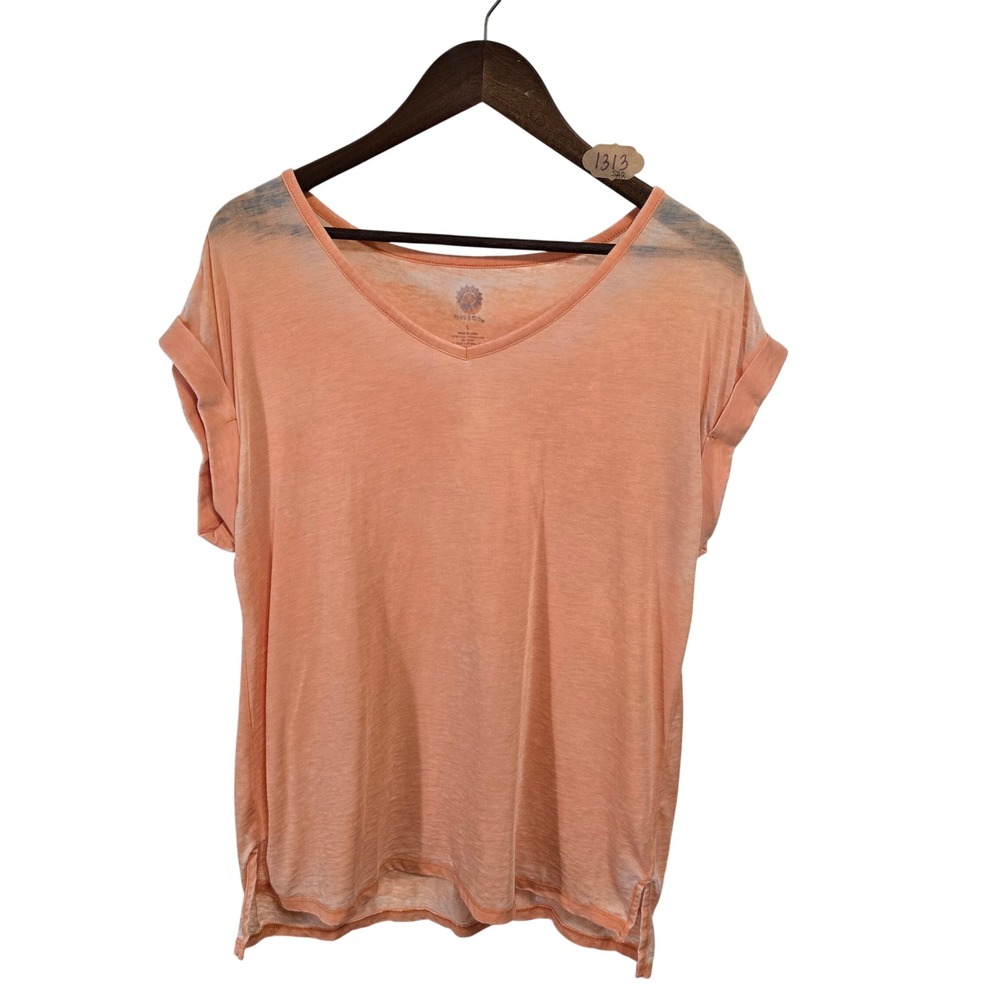 Brisas Womens Peach‎ Orange Burnout V-Neck Cuffed Short Sleeve Top Size L
